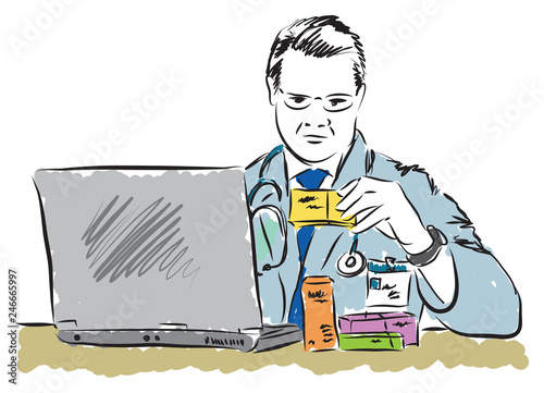doctor looking at drugs box prescription with laptop pc computer illustration