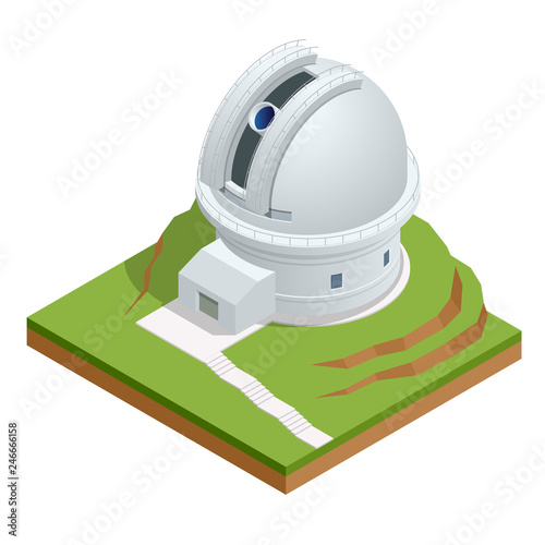 Isometric astronomical observatory dome. Astronomical telescope tube and cosmos. Vector illustration