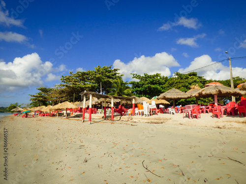 Ilha de Itamaraca, Brazil - Circa December 2018: Empty beach bars in the early morning at Forte beach, popular tourist destination