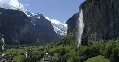 Lauterbrunnen waterfall fly up - Aerial 4K