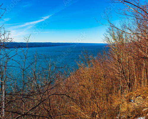 winter view of lake and sky from bare bushes and brush