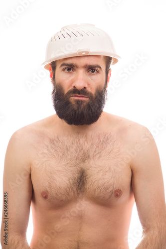 Bearded  funny  young man with a colander on his head  white background  body
