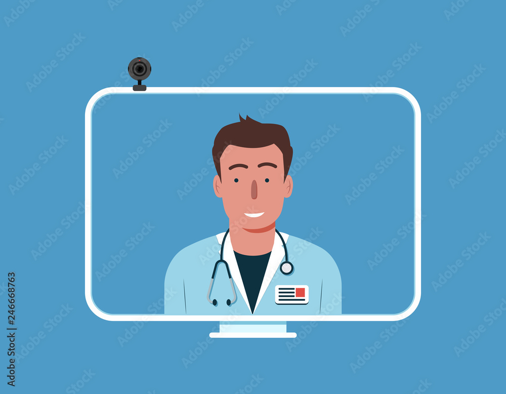 Online doctor concept. Online medical consultation and support. Computer monitor with doctor. Vector illustration Online doctor concept. Online medical consultation and support. Computer monitor with doctor. Vector illustration