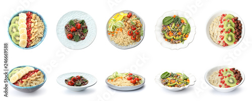 Set of healthy quinoa dishes isolated on white