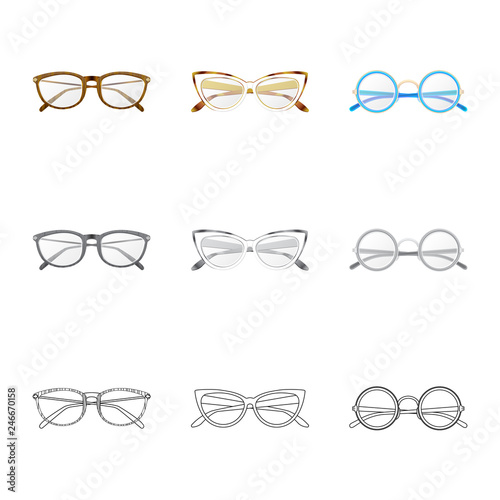 Vector illustration of glasses and frame sign. Set of glasses and accessory stock symbol for web.