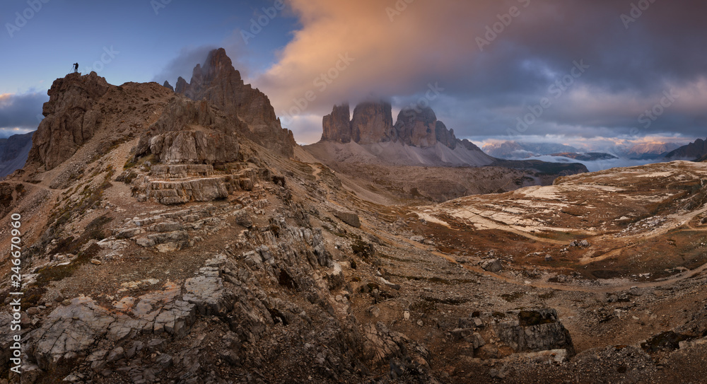 Sunrise in mountains of Tre Cime di Lavaredo, Dolomites, Trentino-Alto Adige, Italy