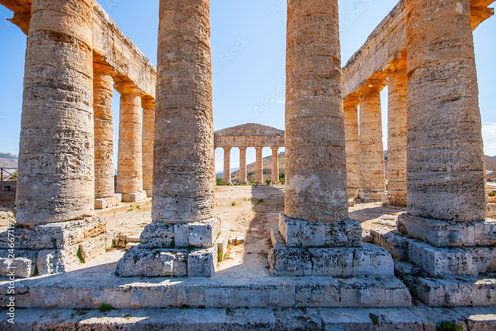 Ruins of ancient Greek Doric temple located on the top of Monte Bàrbaro
