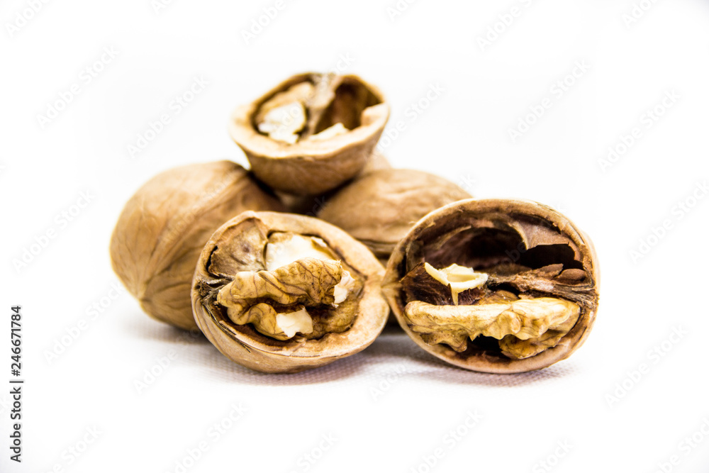 a few walnut in shell and peeled on white background a few walnut in shell and peeled on white background