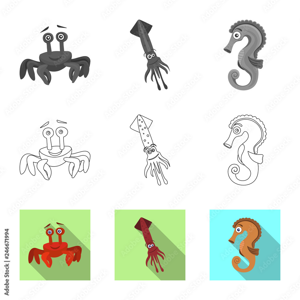 Vector design of sea and animal sign. Set of sea and marine vector icon for stock. Vector design of sea and animal sign. Set of sea and marine vector icon for stock.