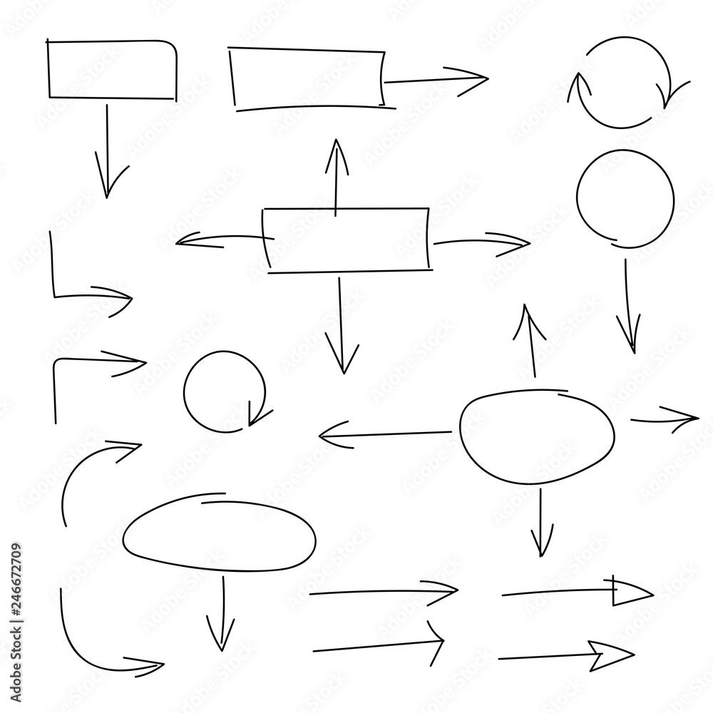 Black Hand drawn set of arrows and block schemes, vector illustration