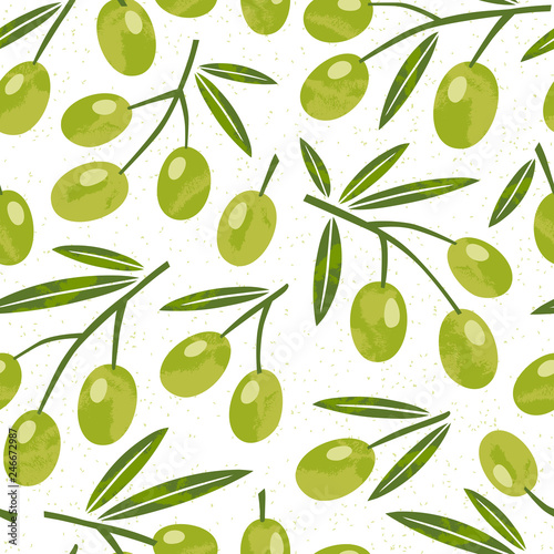 Seamless pattern with olive branch, stamp texture. Hand drawn vintage background. Vector illustration for design and print.