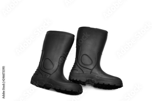 Rubber black boots for fishing.