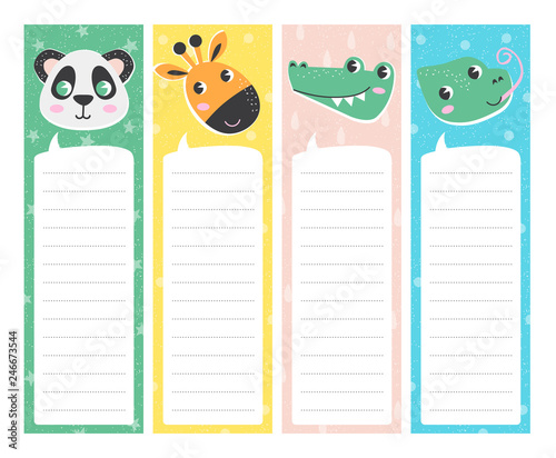 Cute vertical cards with animal in cartoon style. Template for card, bookmark, banner. Tags with place for text. Vector illustration, stamp texture.