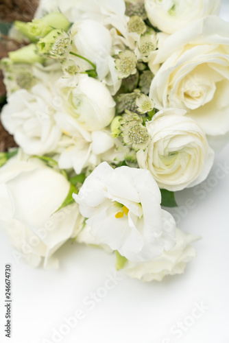 White Flower Wedding bouquet Flat Lay on White Background