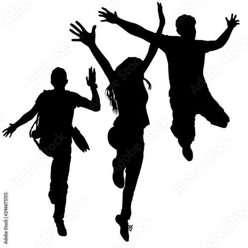 Vector silhouettes of three fun jumping young people, a group of girls and two guys. The concept of victory, glee, happiness, joy.