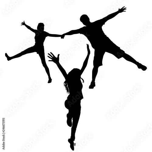 Vector silhouettes of a guy and a girl stand on one leg and hold hands by lifting up free hands and legs. Silhouette of a fun jumping girl with raised arms and developing hair.