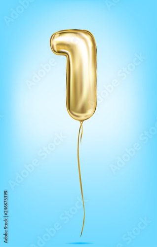 High quality vector image of gold balloon numbers. Digit 1, one
