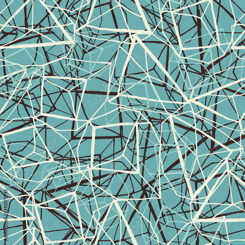 Hand drawn geometric prismatic effect design inblue white and brown with layering and depth effect. Vector seamless pattern.