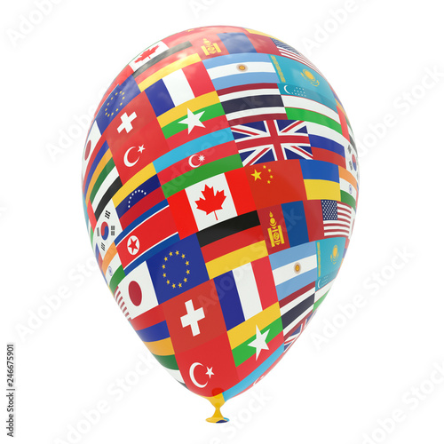 Balloon with national flags of different countries of the world isolated on white. 3D visualization, illustrations.