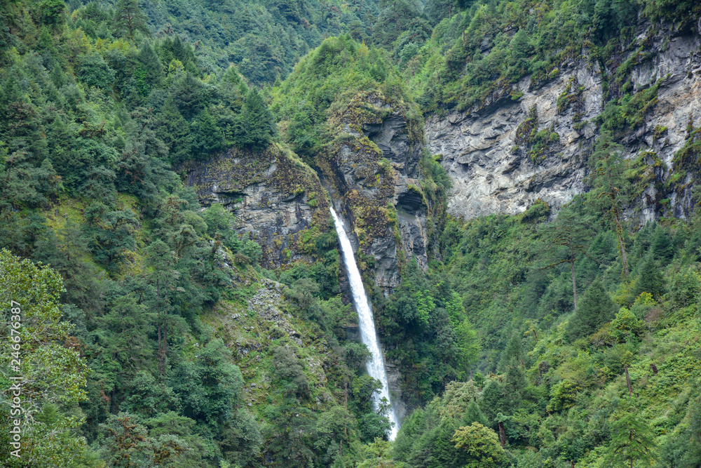 Beautiful view of the waterfall from Gyabla village. Trek to Kangchenjunga basecamp, Nepal