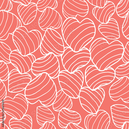 White line art bouncy striped hearts packed together on a bright coral background. Seamless vector pattern.