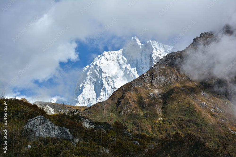 Beautiful view of the Jannu Mount on the way to Khambachen village. Trek to Kangchenjunga, Nepal