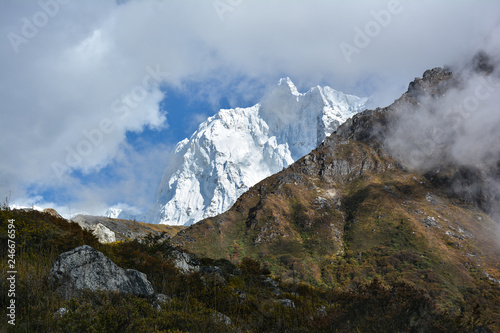 Beautiful view of the Jannu Mount on the way to Khambachen village. Trek to Kangchenjunga, Nepal