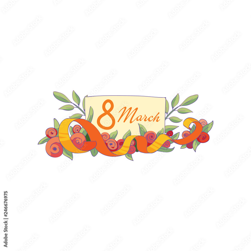 Beautiful composition with tulip flowers, ribbon and 8 March postcard. International Women s day. Vector design Beautiful composition with tulip flowers, ribbon and 8 March postcard. International Women s day. Vector design