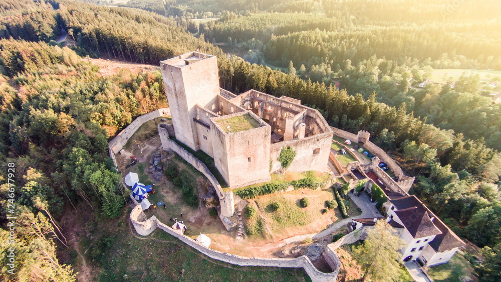 Ruins of Castle Landstejn aerial view. The Czech Republic, Europe .
