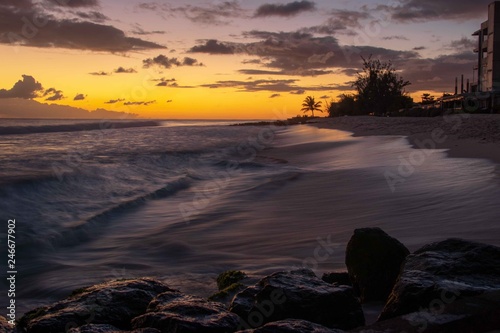 Sunset over rocks on beach with palm tree