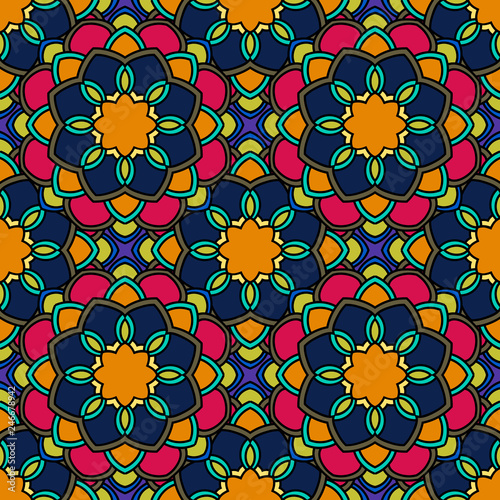 Abstract seamless pattern with mandala flower. Mosaic  tile. Floral background. Vector illustration.    