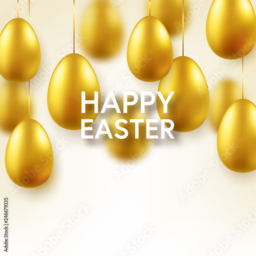 Easter golden egg with confetti and calligraphic lettering, greetings. Traditional spring holidays in April or March. Sunday. Eggs and gold.