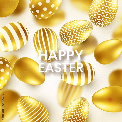 Easter golden egg with calligraphic lettering, greetings. Traditional spring holidays in April or March. Sunday. Eggs and gold