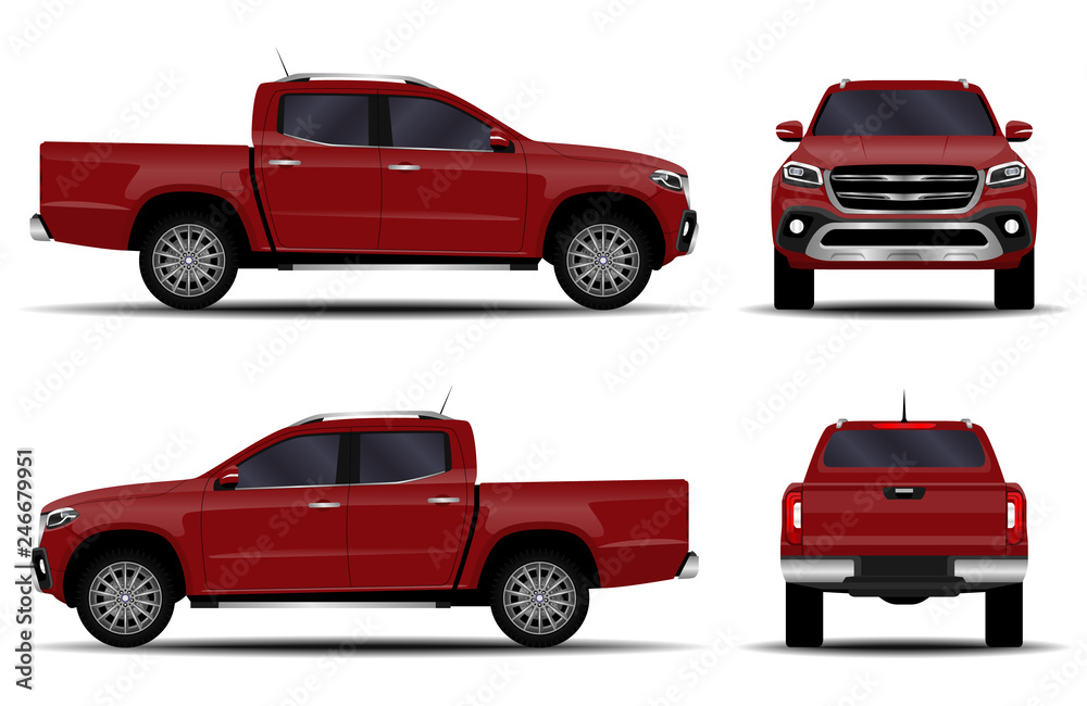 realistic car. truck, pickup. front view; side view; back view. realistic car. truck, pickup. front view; side view; back view.