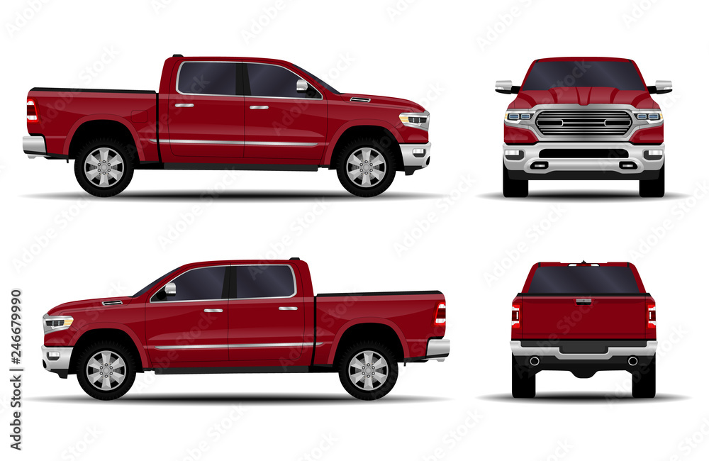 Fototapeta premium realistic car. truck, pickup. front view; side view; back view.