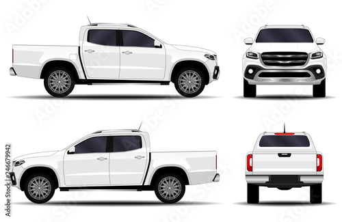 realistic car. truck, pickup. front view; side view; back view. photo