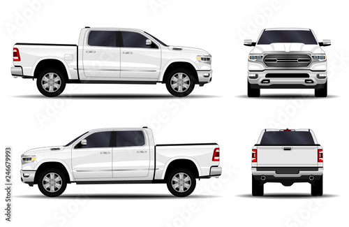 realistic car. truck, pickup. front view; side view; back view.