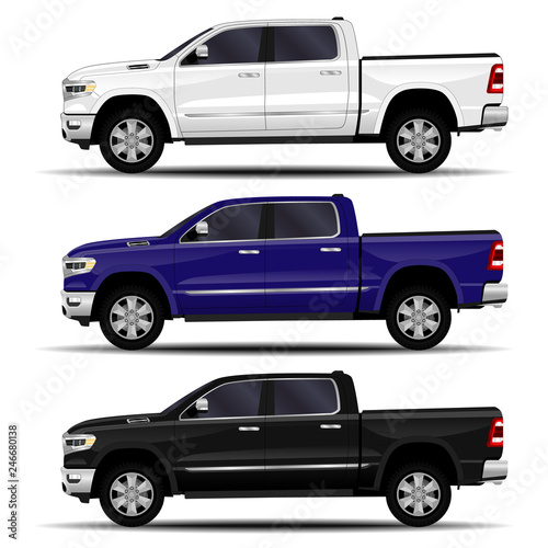 realistic cars set. truck, pickup. side view.