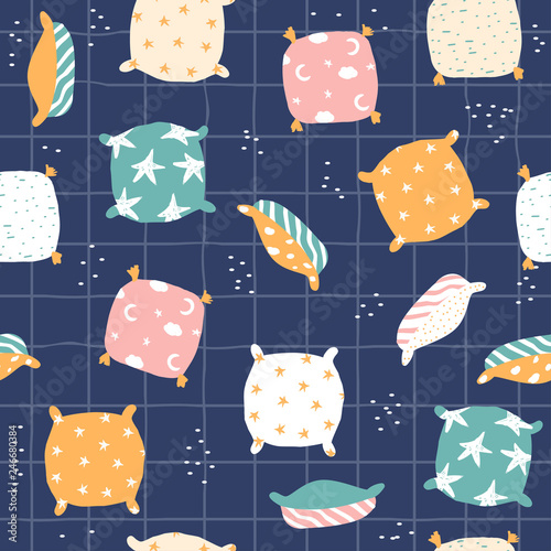 Seamless pattern with cute pillows. Childish bedtime print. Vector hand drawn illustration.