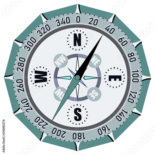 Compass flat isolated. Geography navigation pointing equipment with magnetic hand, wind rose and guide scale. Old GPS nautical topography instrument of mapping orientation in South, North, West, East 
