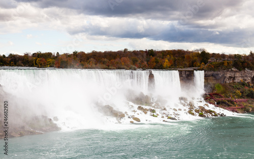 Niagara Falls.  A close up view of the American Falls  a part of the Niagara Falls.  The falls straddle the border between America and Canada.