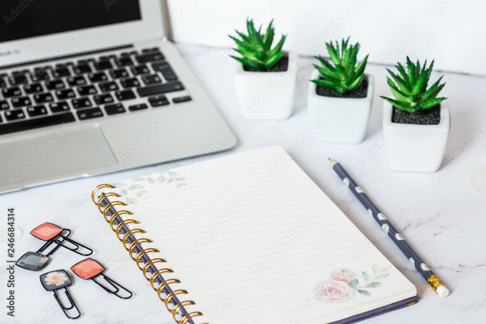 Small pots with succulents, notebook, pencil and laptop on desktop. A minimalistic stylish workplace Small pots with succulents, notebook, pencil and laptop on desktop. A minimalistic stylish workplace