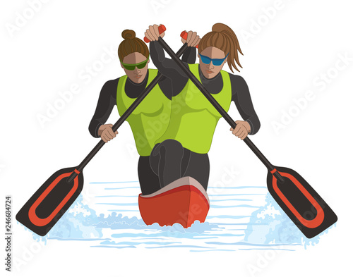canoeing two females canoeists paddling isolated on a white background
