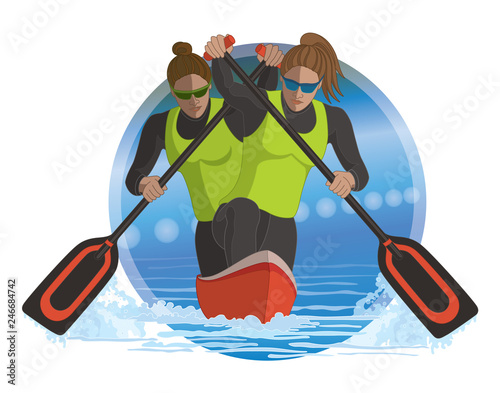 canoeing two female canoeists paddling with water background in a circle