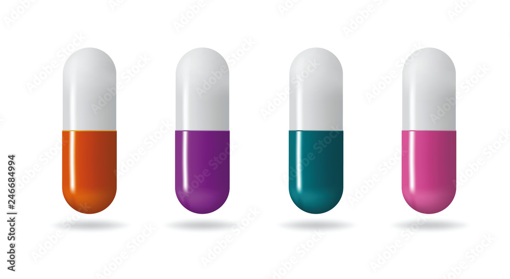 Medicinal tablets. Set tablets of different colors. Isolated objects on white background Medicinal tablets. Set tablets of different colors. Isolated objects on white background