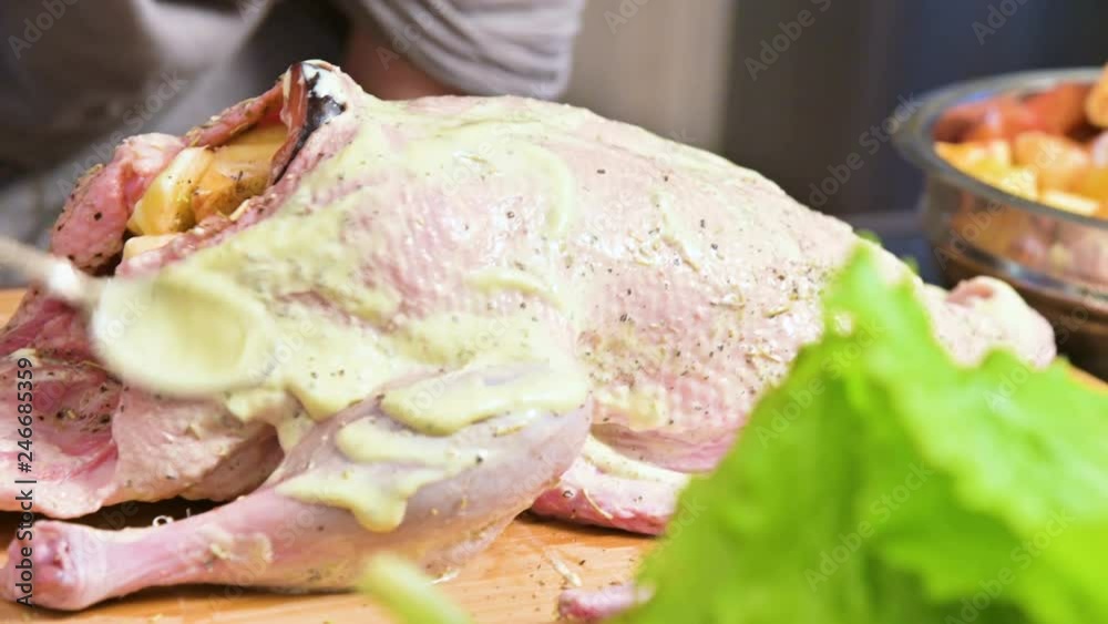 Close-up of female hands preparing duck or goose for baking. White carrot dressing with mayonnaise. Christmas dish duck goose with apples Close-up of female hands preparing duck or goose for baking. White carrot dressing with mayonnaise. Christmas dish duck goose with apples