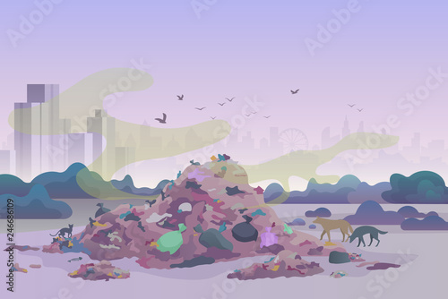 Smelly stinking littering waste dump landfill with cats and dogs and city skyline on the background vector illustration.