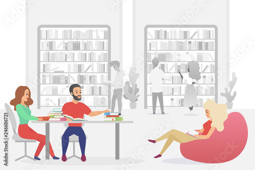 Young people sitting in armchairs and sofa. Men and women surrounded by shelves with books studying and reading at modern public library cartoon vector illustration.