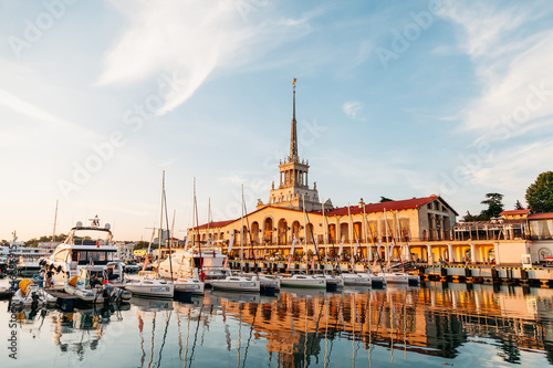 Seaport with luxury yachts in Black sea at sunset