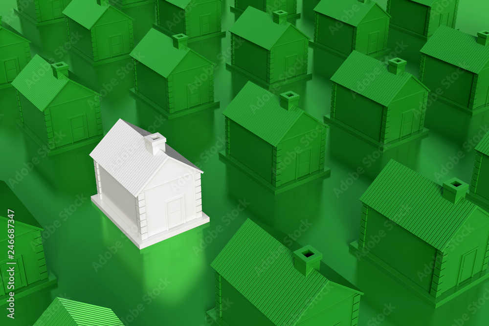 white home in green houses. 3d render white home in green houses. 3d render